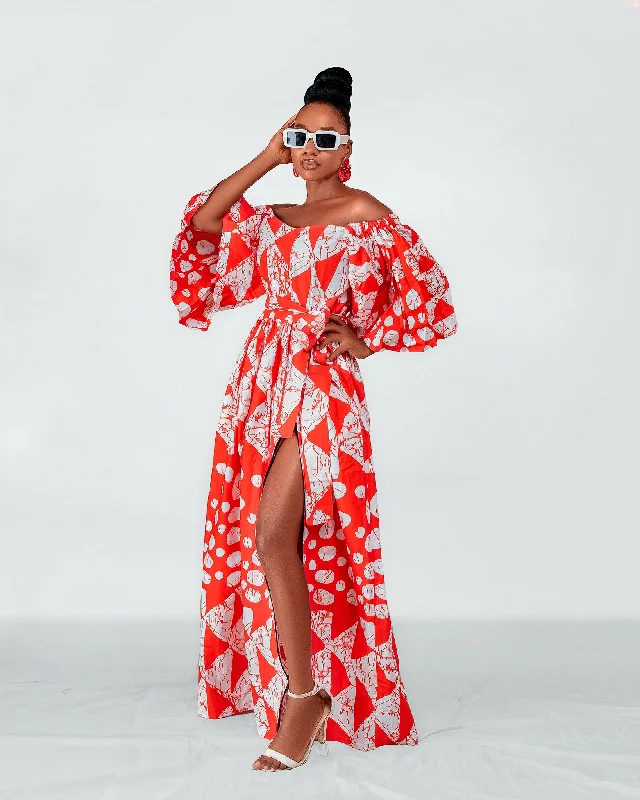 Women's Racerback DressesTori Ankara Off shoulder Maxi Dress | Red and White African Print