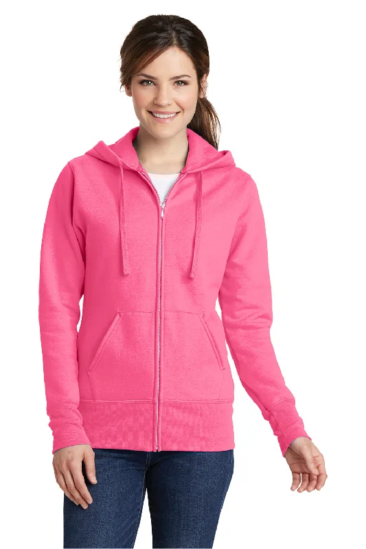 Women's Hooded Sweatshirts with Denim LiningPort & Company Womens Core Pill Resistant Fleece Full Zip Hooded Sweatshirt Hoodie w/ Pockets - Neon Pink