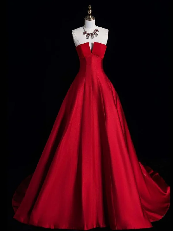 Women's Cold-Shoulder DressesRed Simple Satin Long Party Dress Evening Dress, Red Satin Formal Dress       S6295