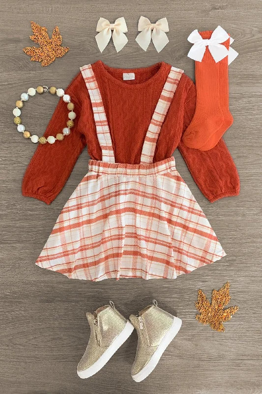 Women's Floral SkirtsOrange Knit Sweater Plaid Suspender Skirt Set