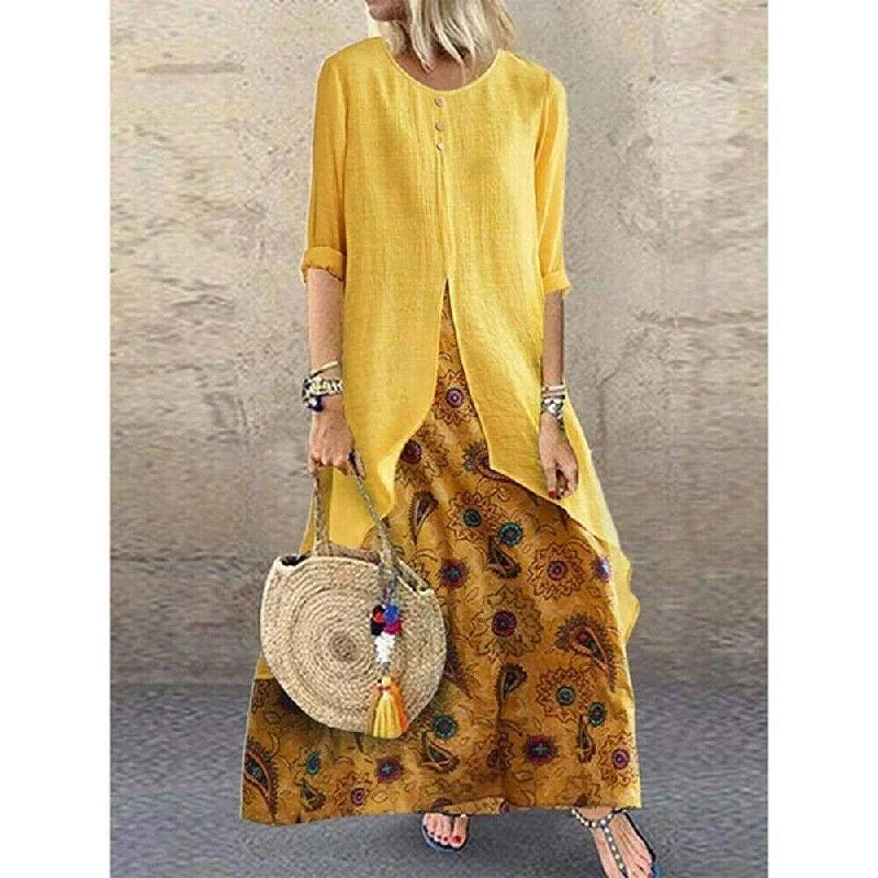 Women's Sleeveless DressesFashionSierra - New Women's Peasant Ethnic Boho Long Shirt Vest Dress Summer Casual Long Sleeve Loose Kaftan Maxi Dress Sundress Plus Size