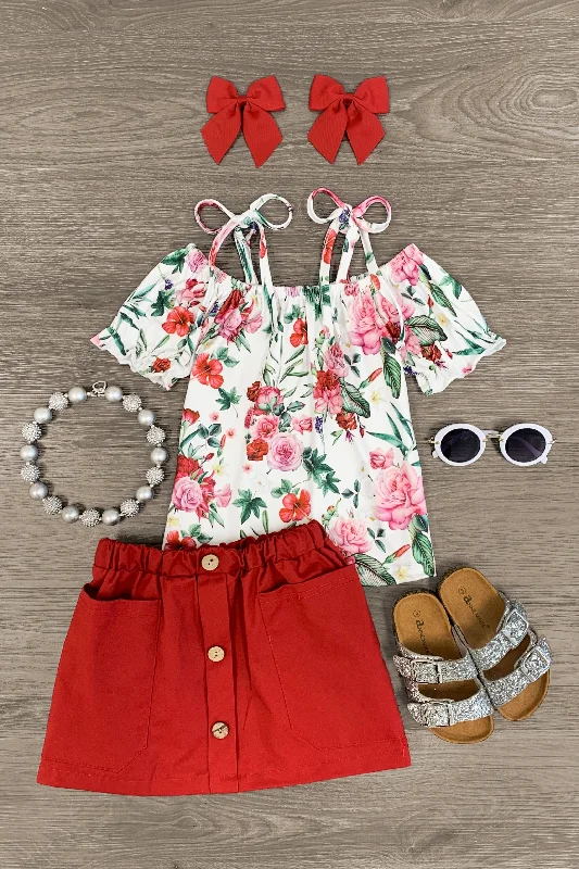 Women's Summer SkirtsWhite & Red Floral Cold Shoulder Skirt Set