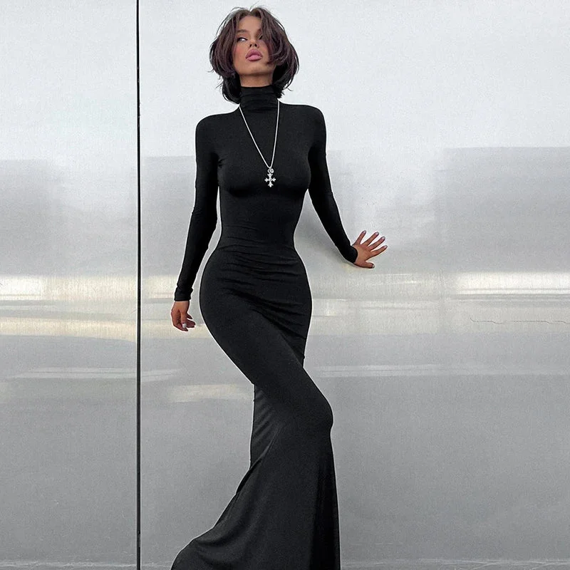 Women's V-Shaped Collar DressesSimple High Collar Long Sleeve Basic Fishtail Prom Occasion Slim Streetwear Black Maxi Dress For Autumn