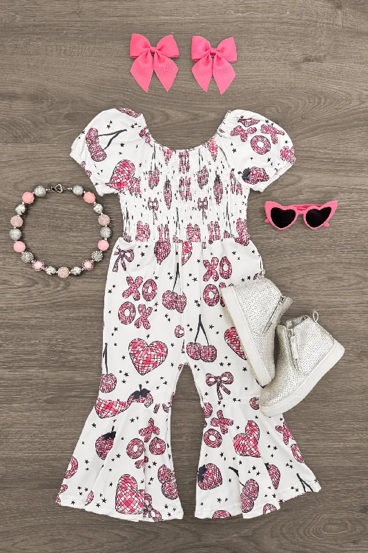 Women's Jumpsuits with V-Shaped Collar"XOXO" White & Pink Disco Jumpsuit