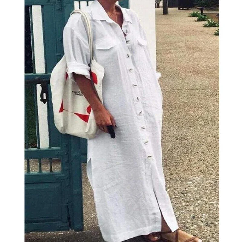 Women's Cap-Sleeve DressesFashionSierra - New Women's Casual Plain Long Sleeve Maxi Dress Ladies Loose Kaftan Tunic Baggy Button Down Long Shirt Dresses