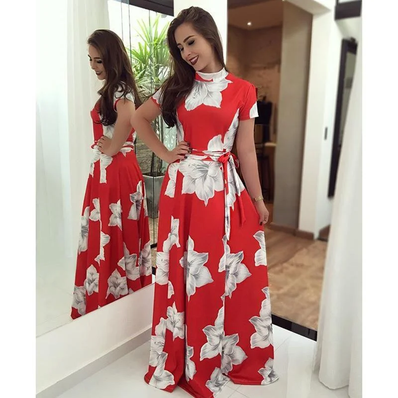 Women's Keyhole-Neck DressesFashionSierra - Flower print turtleneck long summer dress Women sashes pleated long dress Elegant womens maxi dresses red vestidos mujer