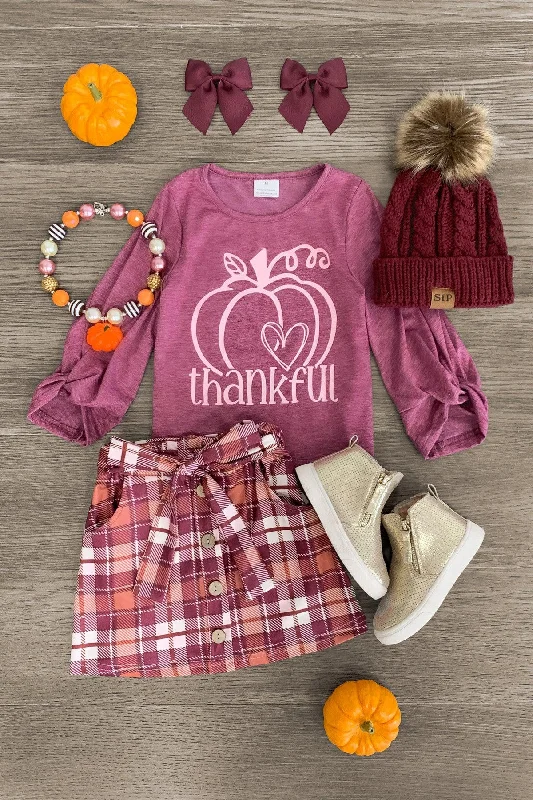 Women's Knit Skirts"Thankful" Plum Plaid Skirt Set