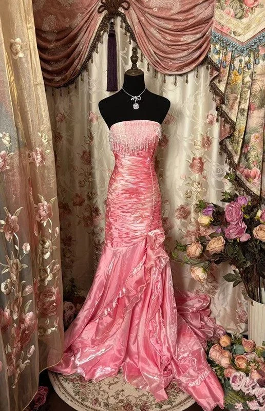 Women's Lapel Collar DressesSexy Mermaid Strapless Pink Satin Long Evening Dress Party Dress Prom Dresses    S6265