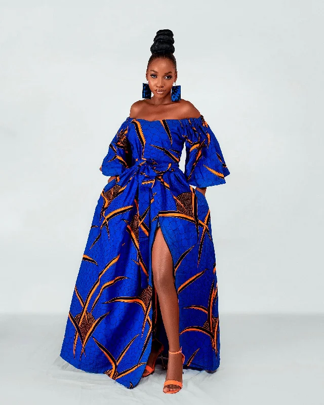 Women's Cold-Shoulder DressesToni Ankara Off shoulder Maxi Dress | Blue and Orange African Print