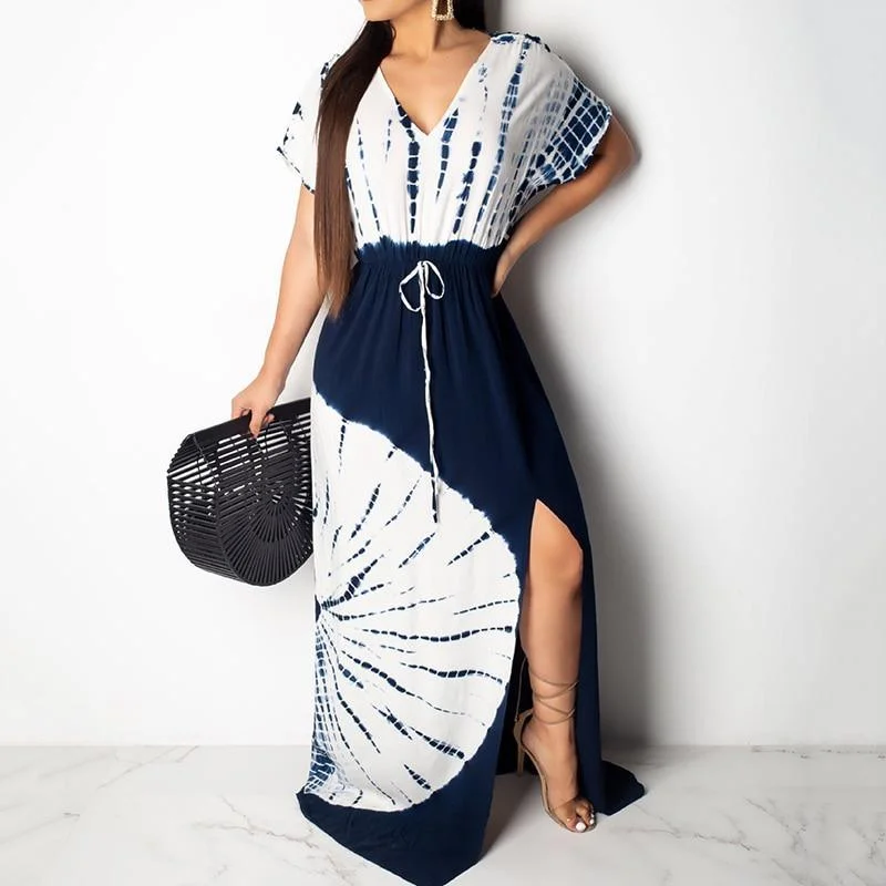 Women's Sleeveless DressesFashionSierra - Side split lace up long dress Women short sleeve v neck summer beach dress Vintage print maxi dresses robe femme vestidos