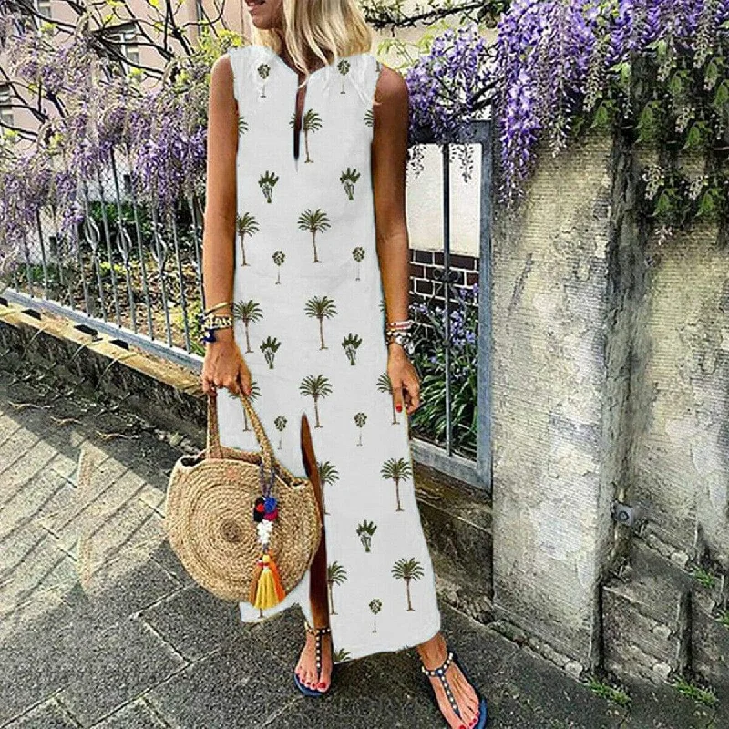 Women's Peter Pan Collar DressesFashionSierra - Women Boho Long Maxi Dress Fashion Ladies Sleeveless Summer Beach Floral Dress Casual Holiday Dresses Sundress