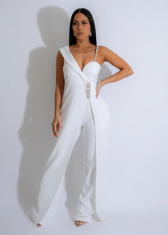 Women's Jumpsuits with Lapel CollarCrystal Elegance Rhinestones Jumpsuit White