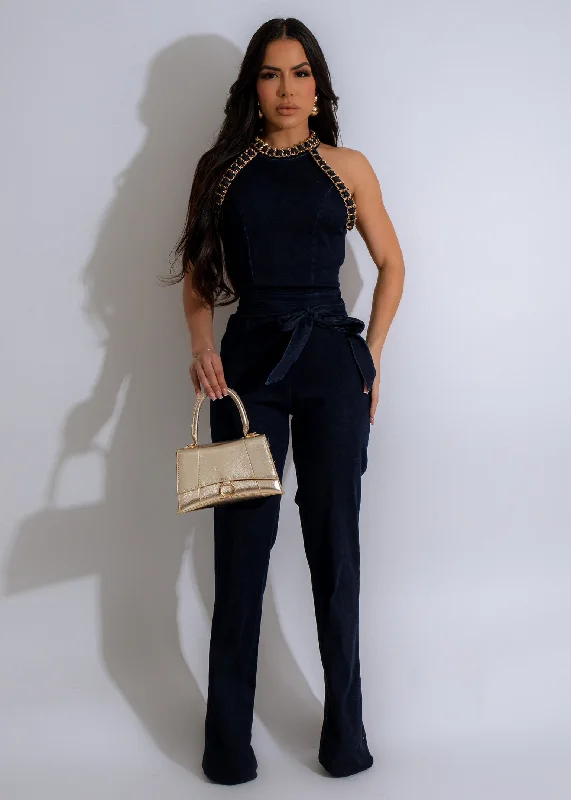 Women's Jumpsuits with Short LengthKiss Me Chain Denim Jumpsuit Dark Denim