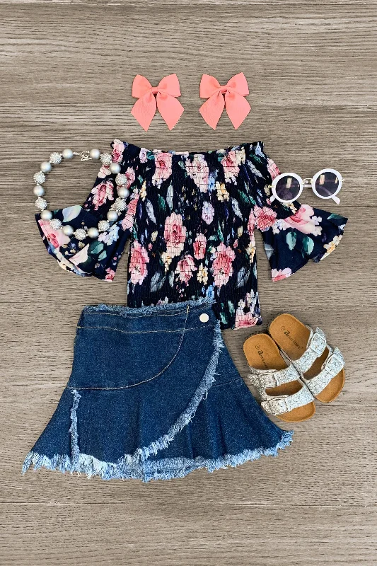 Women's Warm SkirtsFloral Faux Wrap Denim Skirt Set