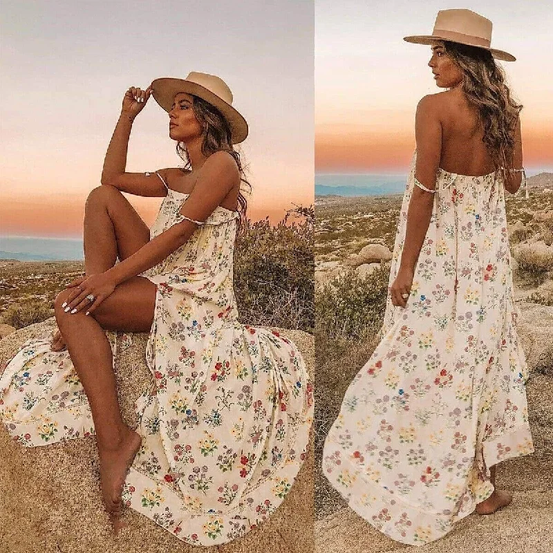 Women's Strapless DressesFashionSierra - New Women Boho Floral Long Maxi Dress Summer Beach Ladies Sleeveless Party Holiday Casual Loose Sundress