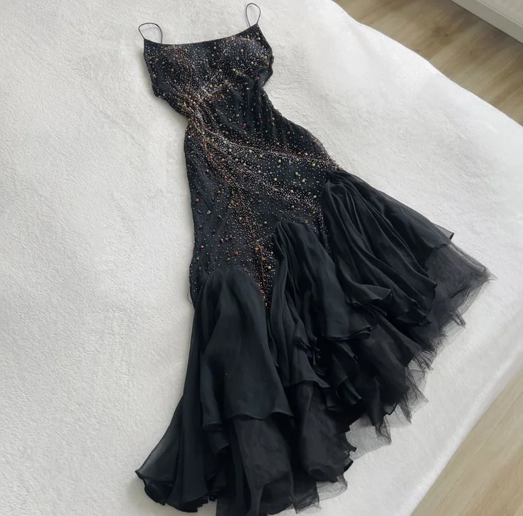 Women's Collarless DressesBlack Elegant Spaghetti Straps Long Prom Dresses Long Evening Party Dress      S5888