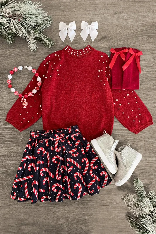 Women's Seamless SkirtsRed Candy Cane Pearl Skirt Set