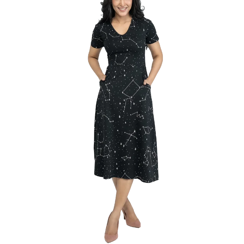 Women's V-Back DressesConstellations Glow-in-the-dark Short Sleeve Long Midi Dress (With Waist Seam)