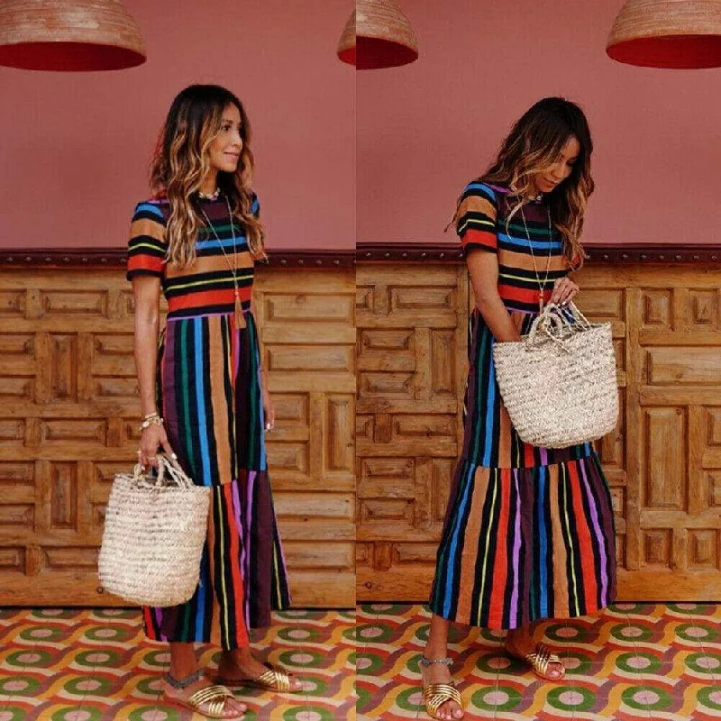 Women's Off-the-Shoulder DressesFashionSierra - Summer Holiday Dress Women Stripe Boho Short Sleeve Long Maxi Dress New Ladies Casual Beach Sundress