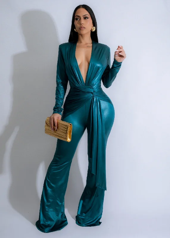 Women's Jumpsuits with Low CollarPhantom Drape Satin Jumpsuit Blue