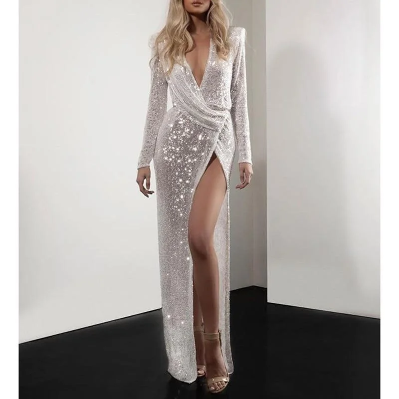 Women's Shift DressesFashionSierra - Ruched desiged sequined dress women long sleeve party dress Elegant split long maxi dresses autumn sequin robe femme