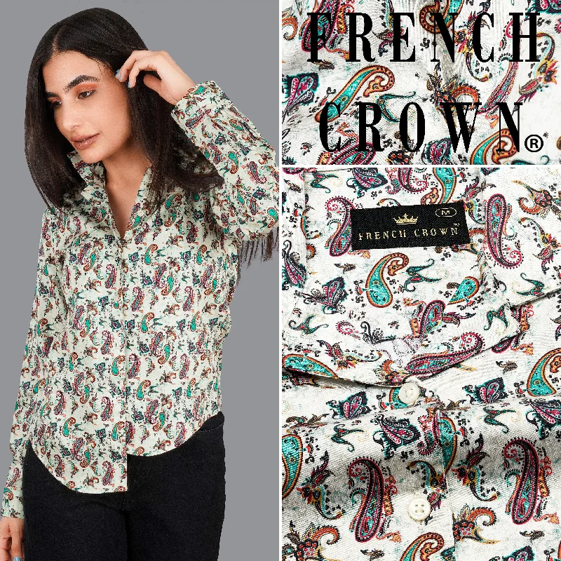 Women's Blouse with U-Shaped CollarGainsboro Cream Multicolour Paisley Printed Premium Cotton Shirt