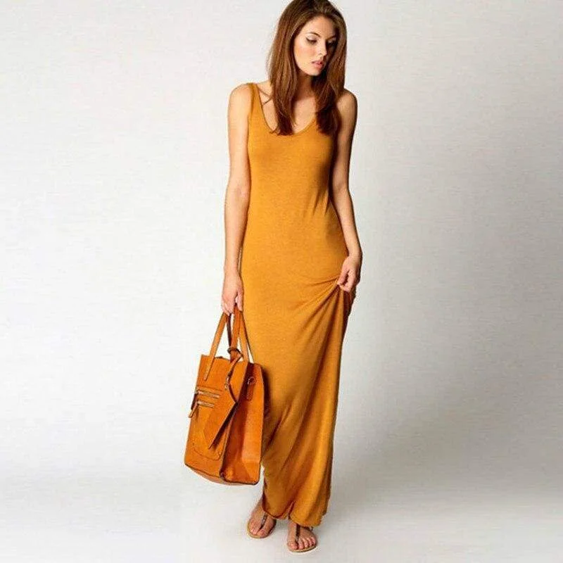 Women's Cap-Sleeve DressesFashionSierra - Slim Maxi Dress Stretch Tank Robe Thin Long Dress O-Neck Sleeveless