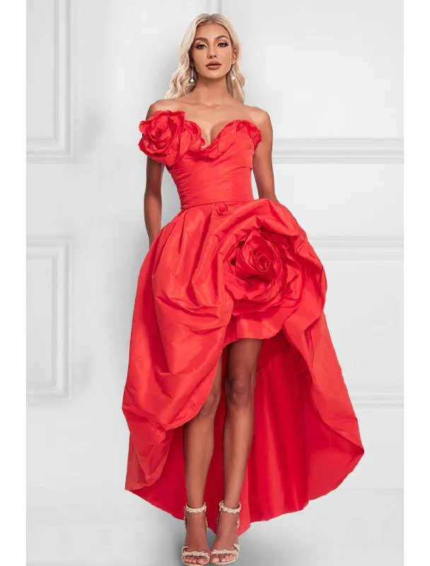 Women's Rounded Collar DressesA-Line Cocktail Dress Red Green Dresses Celebrity Style Dress Party Wear Wedding Party Asymmetrical Sleeveless Strapless Satin with Shouder Flower