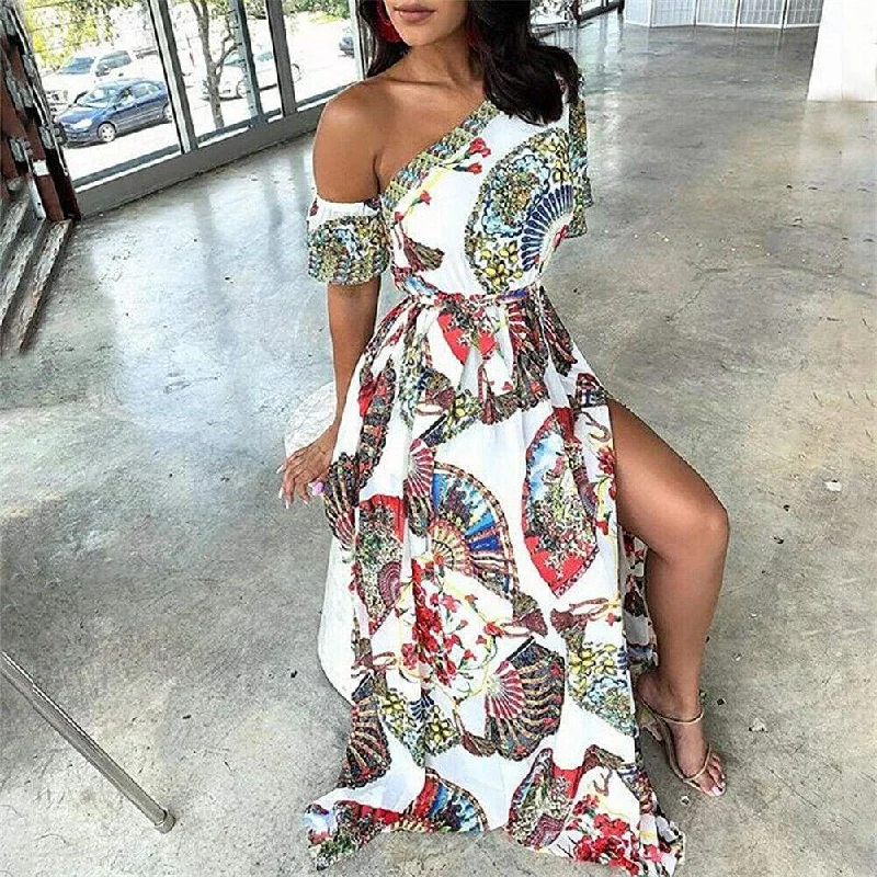 Women's Bell-Sleeve DressesFashionSierra - Women's Boho Maxi Dress Fashion Ladies Casual One Shoulder Floral Holiday Summer Beach Evening Party Long Sundress