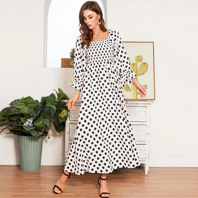 Women's Narrow Collar DressesFashionSierra - Boho Polka Dot Long Dresses Women Flounce Sleeve Square Collar Summer Dress Women Maxi Dress Vestidos