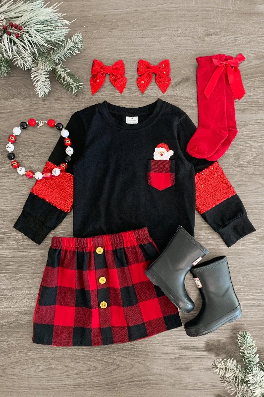 Women's Boho SkirtsPocket Santa Claus Plaid Skirt Set