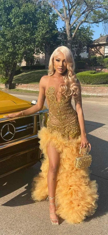 Women's V-Shaped Collar DressesLuxury Gold Rhinestone Prom Dresses for Black Girls Beaded African Party Gowns Pageant Dresses            S6227