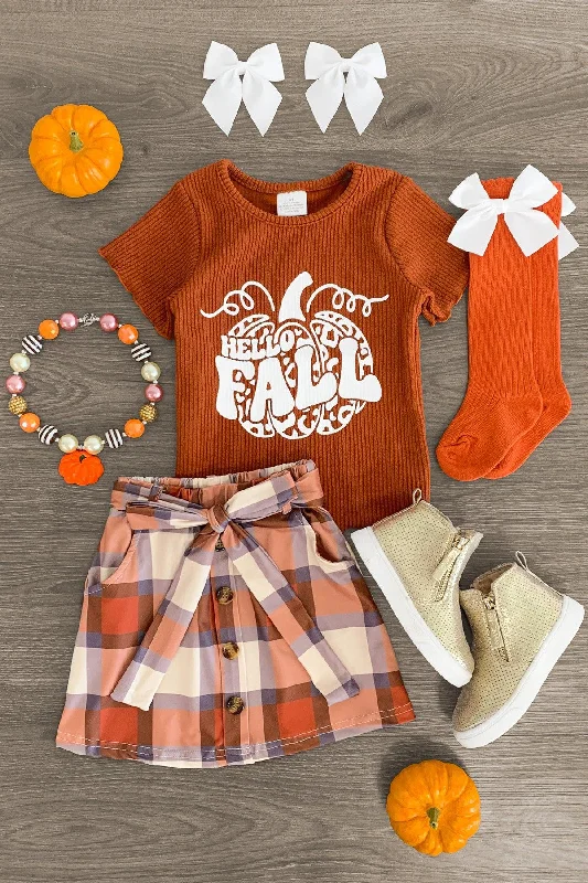 Women's Fitted Skirts"Hello Fall" Brown & Orange Plaid Skirt Set