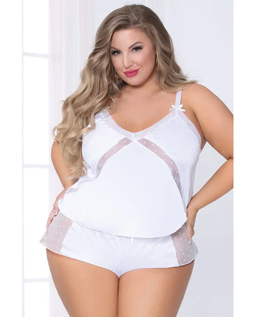 plus-size sports bra with mesh panelsSatin Cami W-dot Mesh Trim W-matching Shorts White 1x-2x