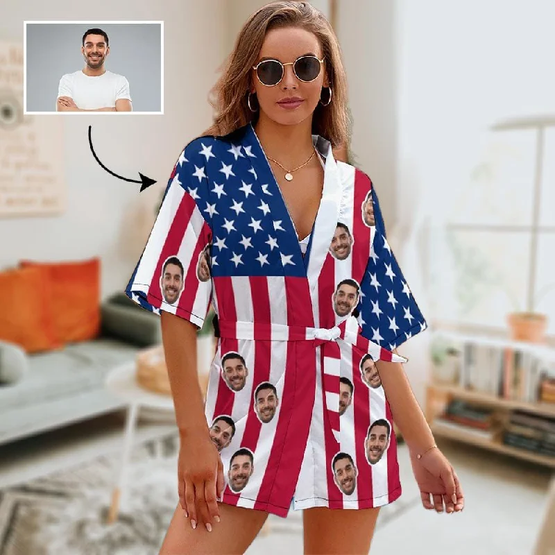 women's pajamas with pockets on the chestCustom Face Pajamas Robes Star Strip Flag Women's Personalized Pajamas with Photo