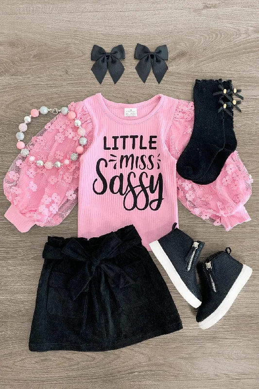 Women's Silk Skirts"Little Miss Sassy" Pink & Black Suede Skirt Set