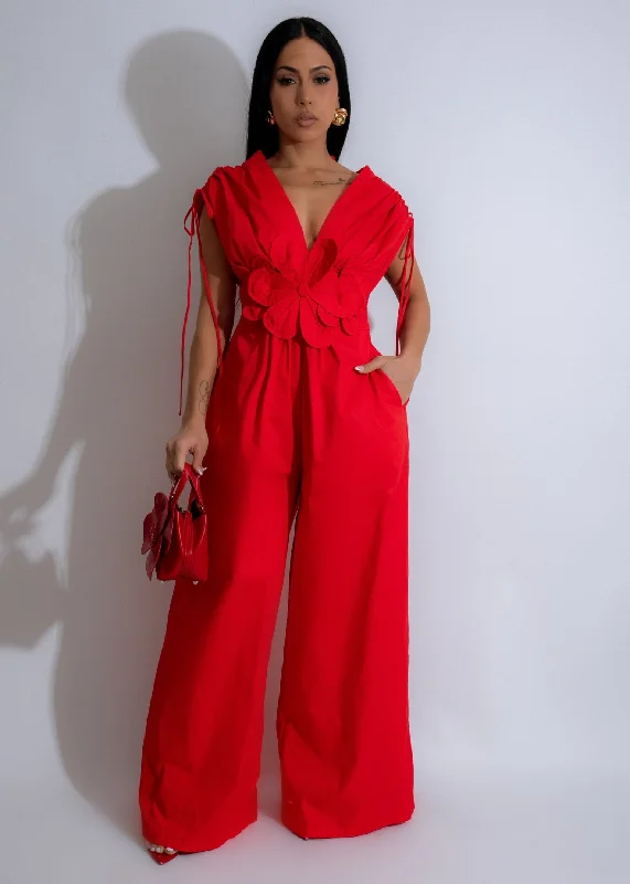 Women's Jumpsuits with Collarless DesignPetal Whisper Floral Jumpsuit Red