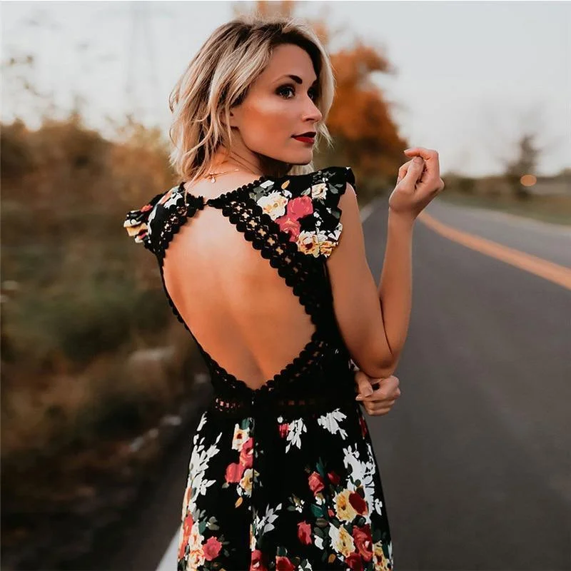 Women's Narrow Collar DressesFashionSierra - Women Boho Backless Irregular Floral Pinted Dress Summer Deep V Trim Long Maxi Dresses Open Back Party Bohemian Vestidos