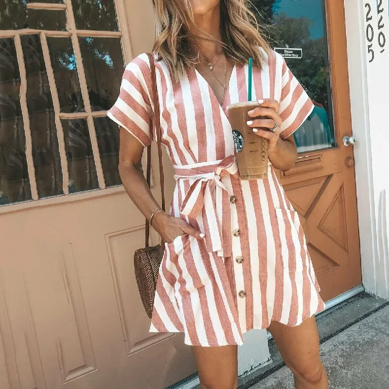 Women's Round-Neck DressesFashionSierra - Women Summer Striped V Neck Dress Casual Button Short Sleeve Loose Dress Fashion Women Clothes Mini Sundress