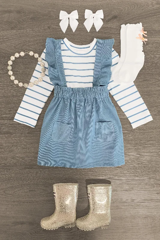 Women's Shirt Collar SkirtsBlue & White Striped Corduroy Suspender Skirt Set