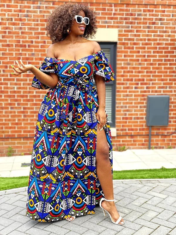 Women's High Collar DressesApphia Ankara Maxi Dress | Blue Multicoloured African Tribal Print