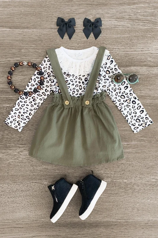 Women's Comfortable SkirtsWhite Cheetah & Olive Suspender Skirt Set