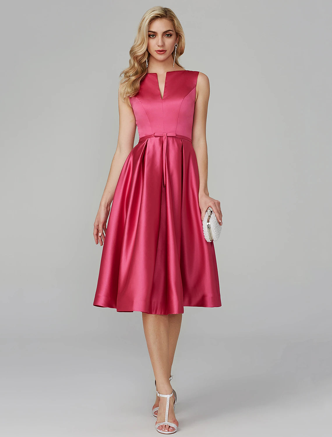 Women's Lapel Collar DressesA-Line Party Dress Wedding Guest Knee Length Sleeveless V Wire Pink Dress Satin with Sash / Ribbon