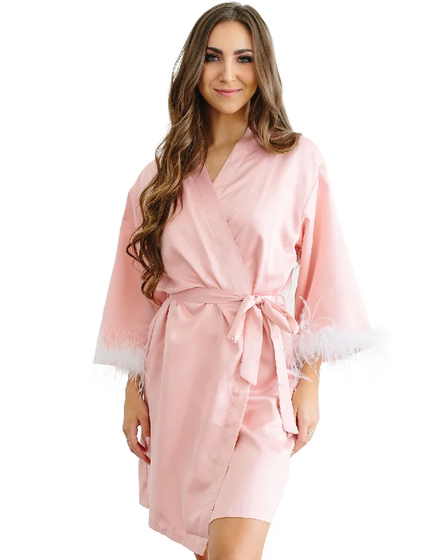 ladies' silk pajama topsShort Feather Trim Satin Robe