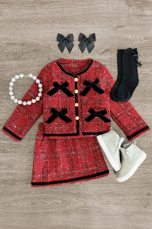 Women's Edgy SkirtsRed Velvet Bows & Pearls Skirt Set