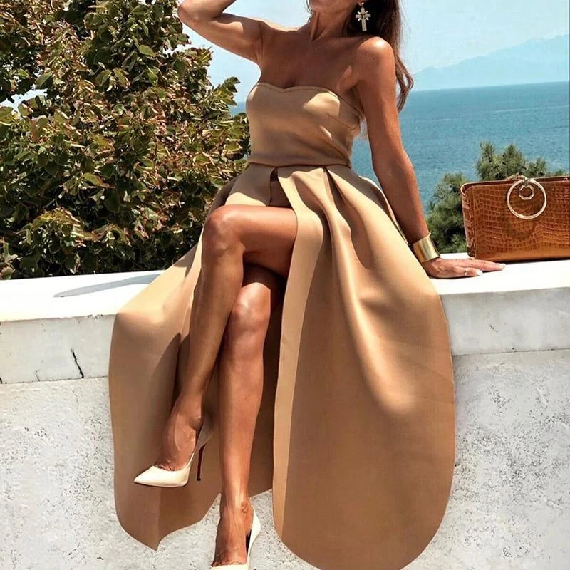 Women's Shawl Collar DressesFashionSierra - Off Shoulder Party Dress Women Solid Khaki Strapless Dress Elegant Back Zipper Slit Holiday Maxi Dresses High Slit Vestido Mujer