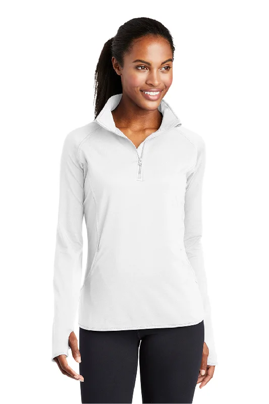 Women's Hooded Sweatshirts with Houndstooth LiningSport-Tek Womens Sport-Wick Moisture Wicking 1/4 Zip Sweatshirt w/ Pouch Pocket - White