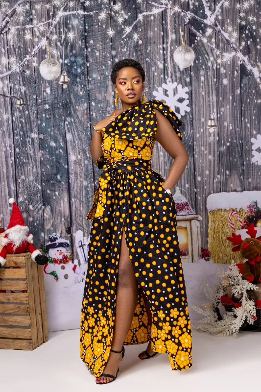 Women's Peter Pan Collar DressesAdeola Ankara Maxi Dress |Yellow and Black African Print