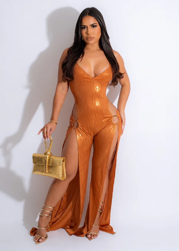 Women's Sleeveless JumpsuitsPretty Girls Metallic Jumpsuit Orange