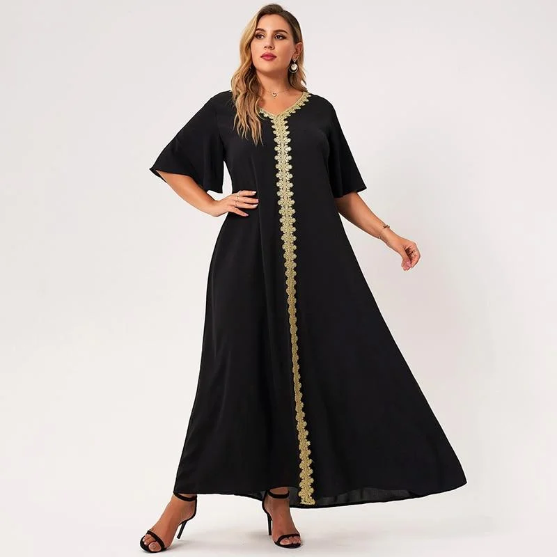 Women's Shawl Collar DressesFashionSierra - Maxi Dress Women Plus Size Black Loose Embroidery Selvedge Hemmed V-neck Ruffle Half Sleeve Elegant Vintage Robe